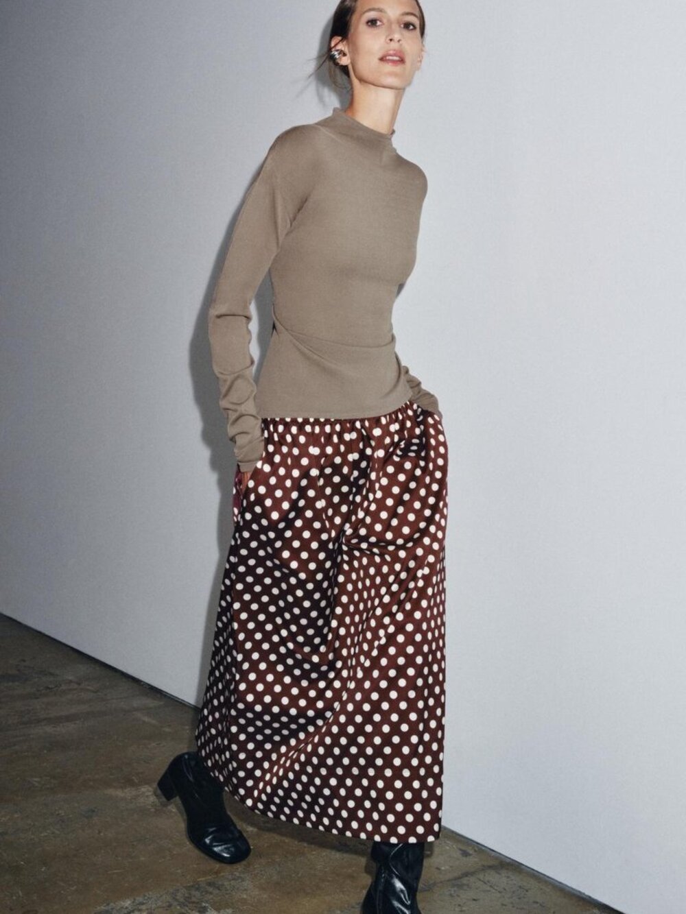 Zara ZW Collection Polka Dot Midi Skirt Maroon White A-Line Pockets Medium NWT
